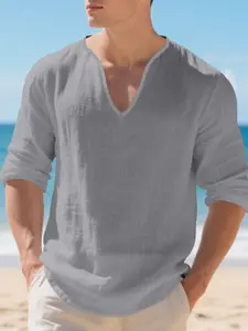 Men's American Style Plain Breathable Linen T-Shirt, Casual Deep V Neck Loose Long Sleeve Top, Spring & Fall Fashion, Fitted Design
