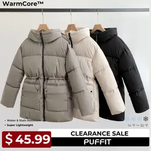 【Clearance】 PUFFIT WarmCore Premium Warmer Mid Length Waist Drawcord Premium Puffer Jacket Women Hood Winter, Ladies Outwear Coat Big Pocket with Waist Drawcord Winter Coat