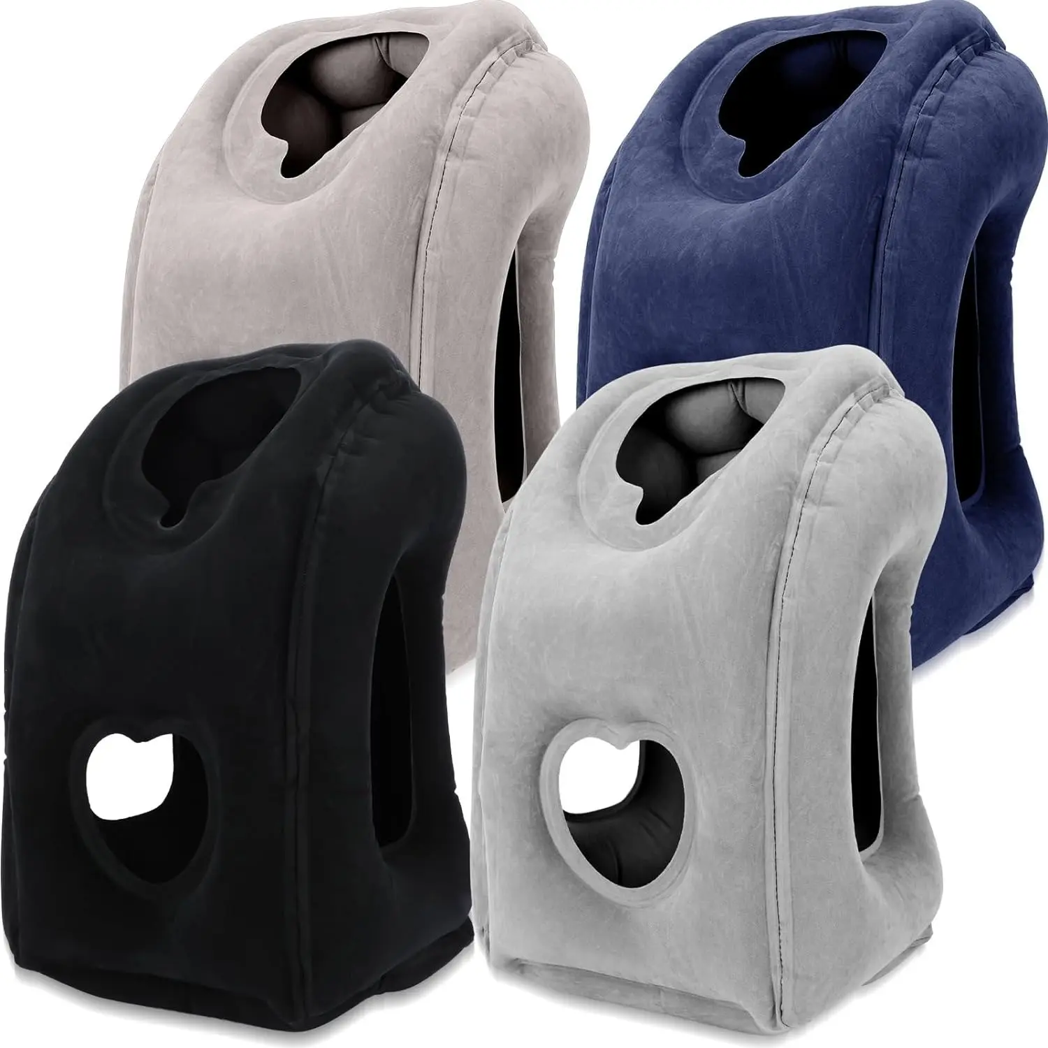 An inflatable pillow supports the neck and head, featuring PVC plush material. It serves as a prone sleeping pillow with an easy inflation valve, perfect for long-distance travel by plane, car, train, or office naps