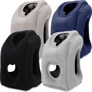An inflatable pillow supports the neck and head, featuring PVC plush material. It serves as a prone sleeping pillow with an easy inflation valve, perfect for long-distance travel by plane, car, train, or office naps