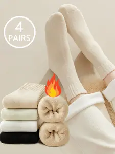 4 Pairs Women's Warm Fitted Mid-Calf Socks, Thick and Cozy Winter Socks, Soft Comfort Design, Ideal for Cold Weather Daily Wear, Womenswear, Soft Comfy Socks, Sock Packs