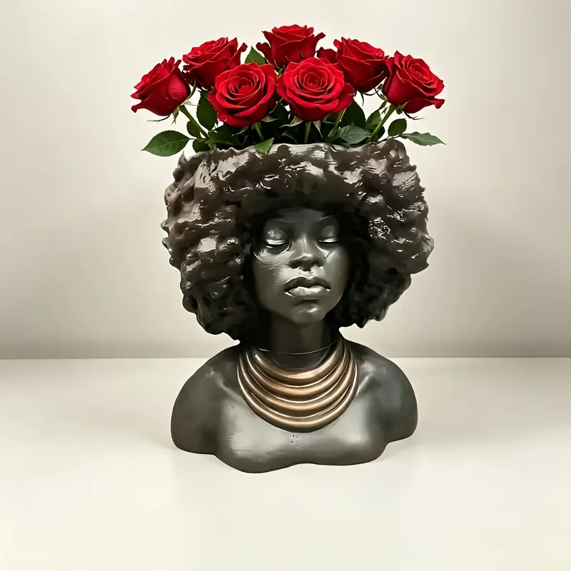 Cute Large Girl Face Succulent Planter with Drainage Hole, Tall Head Resin Decorative Flower Pot