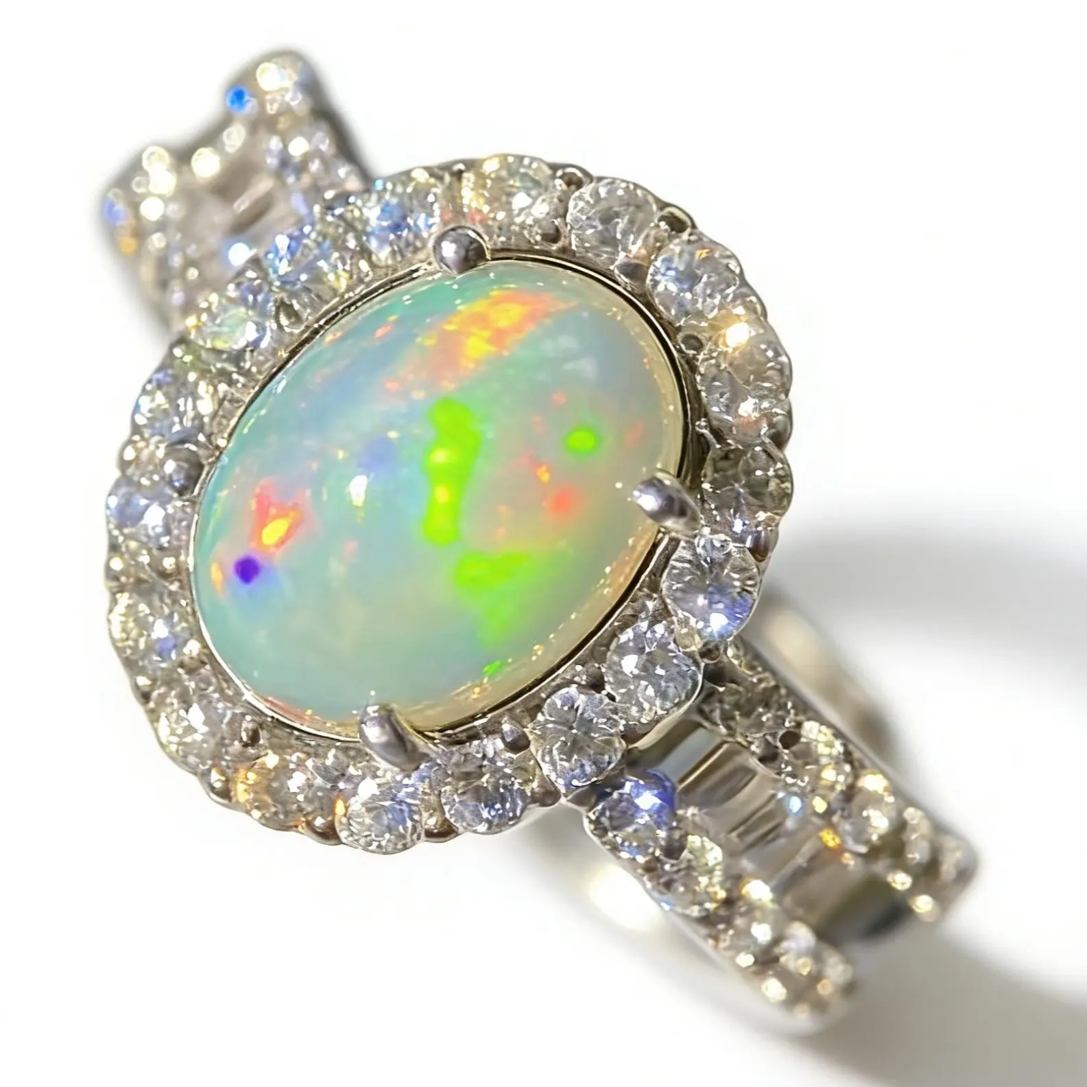 Adjustable 925 Sterling Silver Opal Halo Ring with Baguette CZ Accents