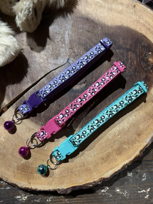 Pet Bell Collars Unit of 3 Quick Attach No Break Away for Cats or Small Pets with Colorful Leopard Print Design One Size Cute Animal Print with Bell and Clasp