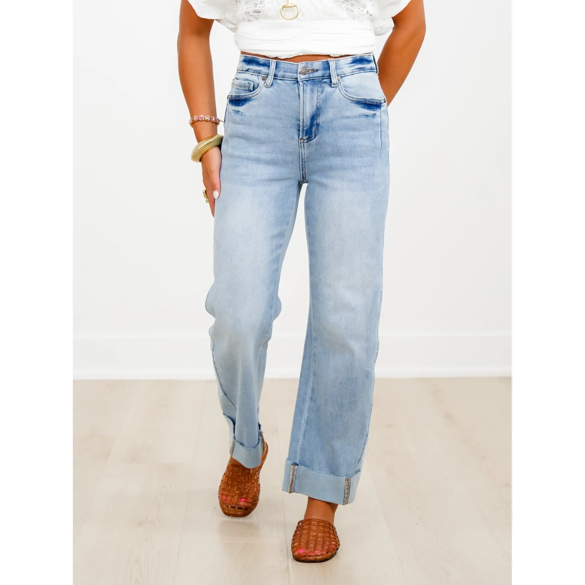 Saige High Rise Medium Wash Tummy Control Straight Leg Cuffed Jeans