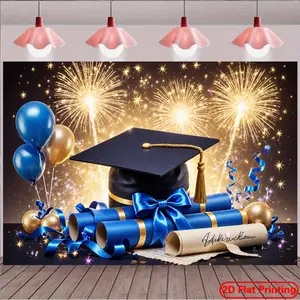 Graduation & Class of 2026 Backdrop – Blue Gold Balloon Fireworks Tapestry, Wall Hanging, Photography Background, Polyester HD Print, Garage, Party, Event, Decor