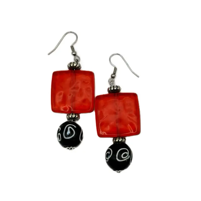 "Black Cherry" Earrings with Red Square Beads and Black Swirl Beads for Stylish Accessory