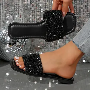 Women's Slippers Shiny Rhinestone Flat Sandals Indoor Outdoor Shoes Ideal for Cocktail Parties & Evening Events