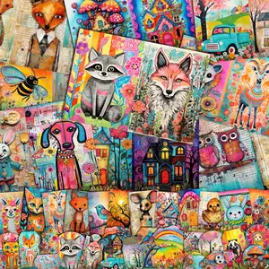 56pieces(12papers+44stickers) Fantasy Animal Theme Writable DIY Ephemera Set,Perfect for Journal Supplies,Arts Crafts,Scrapbooking Supplies,Junk Journal Kits,DIY Crafts,Background Pad,Greeting Card