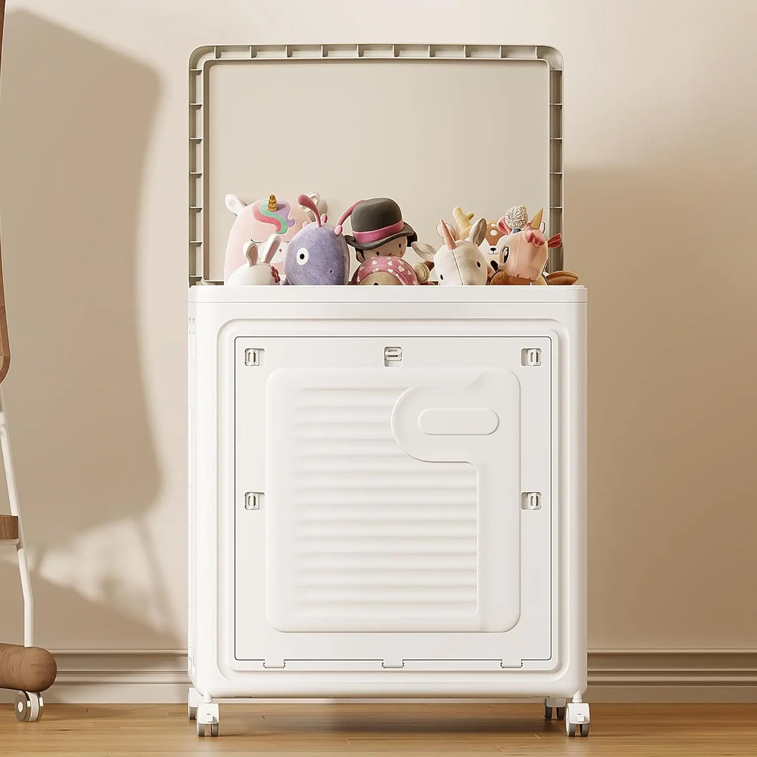 32Gal/127Qt Large Collapsible Storage Bins, Plastic Bins with Wheels Toy Organizers and Storage Foldable Containers for Bedroom, Nursery White