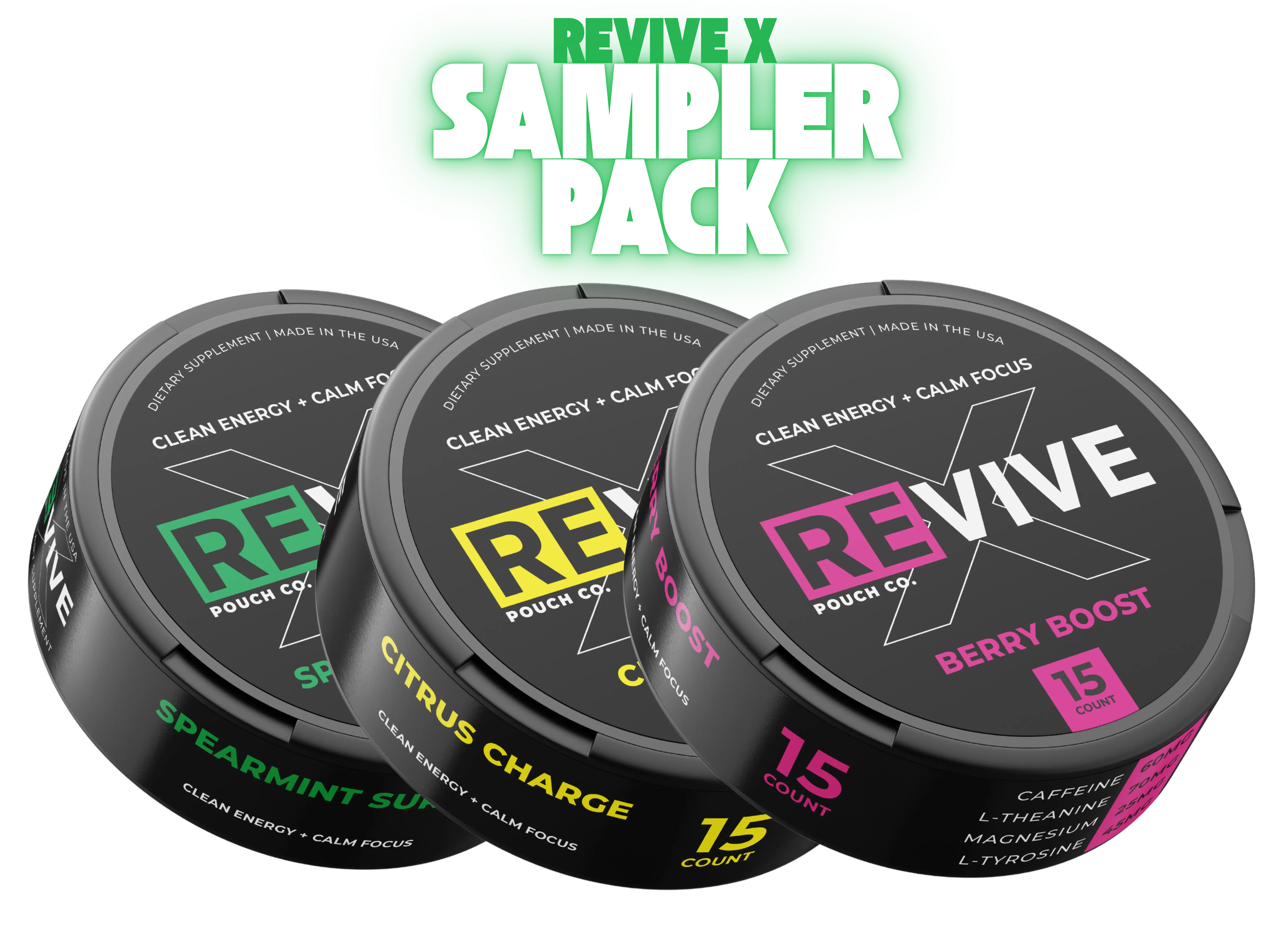 Revive X Energy Pouches - Caffeine L-Theanine L-Tyrosine Magnesium - No Jitters No Crash - Focus Boost - Oral Energy Pouch - Pre Workout Alternative - Mental Clarity - Healthcare Vitamin Supplement for Fitness - Revive Sampler Pack (3 cans), Flavor, Sugar