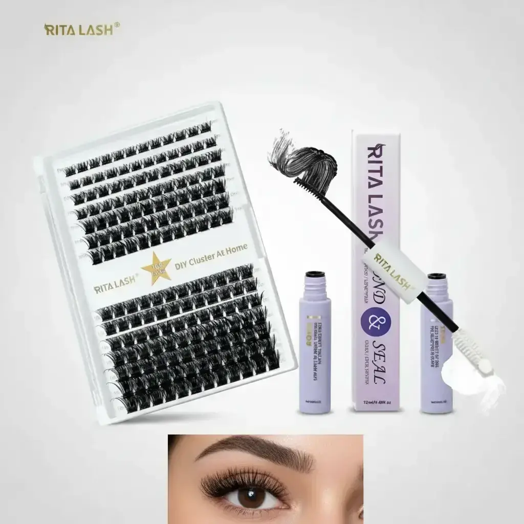 RITALASH Cluster Lashes & Lash Glue Bundle, Black Mixed Length 8-16mm 0.07 D Curl with 12ml Long-Lasting Ethyl Cyanoacrylate Adhesive for DIY Eyelash Extensions
