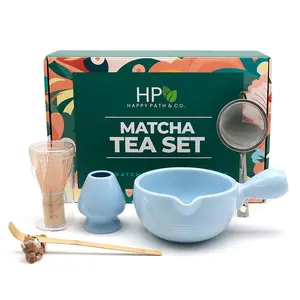 HAPPY PATH & CO Matcha Whisk Set – 6 Pcs Matcha Tea Set Includes Bamboo Whisk(Chasen) & Holder,Bowl with Spout,Sifter,Scoop & Stand | Matcha Making Kit - Perfect for Matcha Lovers(Sky Bear)