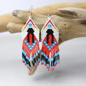Indigenous Women-Inspired Handmade Beaded Earrings with "Black Dusk" Pattern, 10 cm Size, Unique Design, Durable Beads for Versatile Occasions