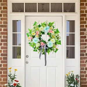 Fresh Forest Style Blue Rose Butterfly Orchid Wreath, Striped Bow Door Decor, Ideal for Home Entry, Window Display, Wedding, Festival