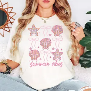 Summer Vibes Shirt Beach Aesthetic Coastal Cowgirl Starfish Shell Tee Cute Vacation Top for Womenswear