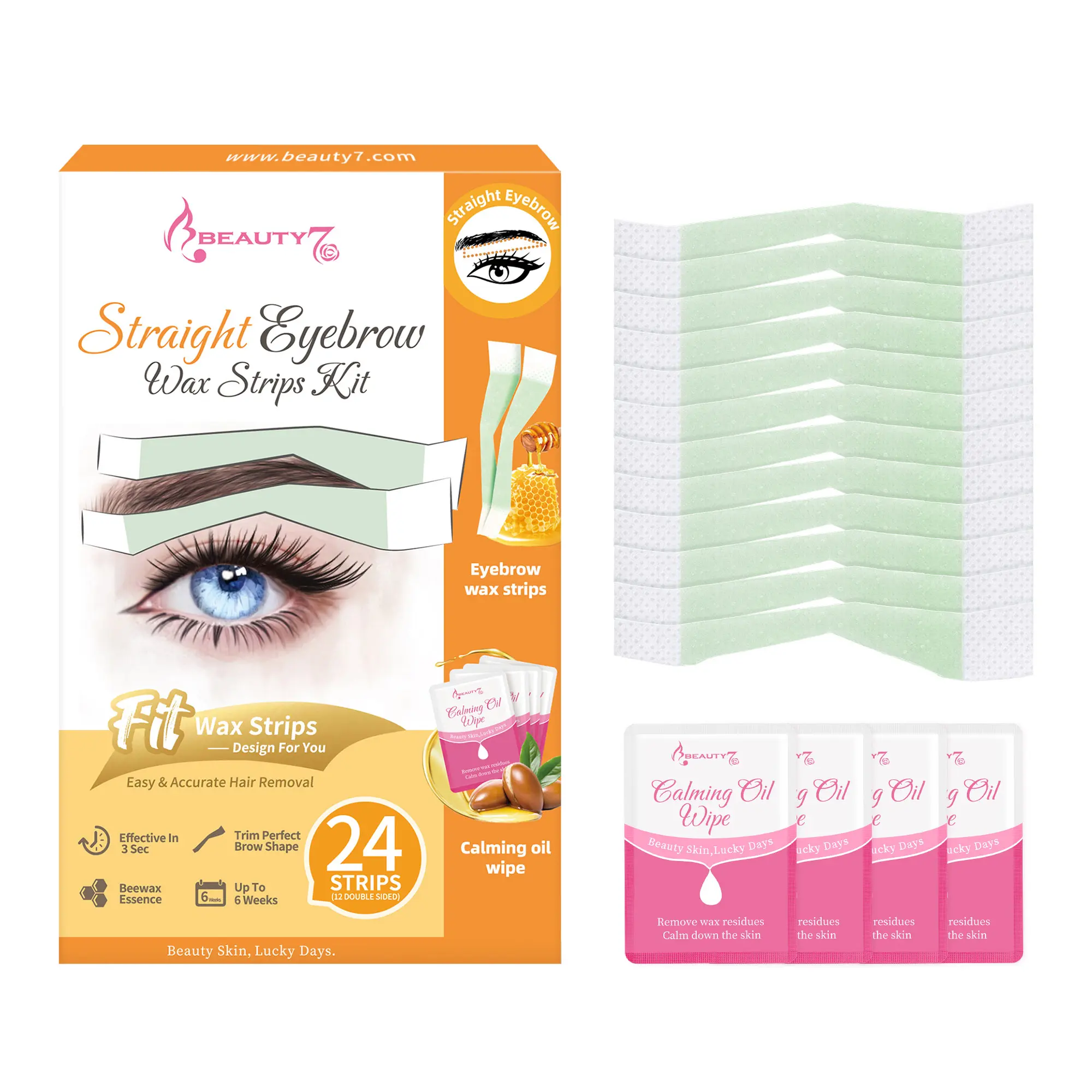 Beauty7 Sensitive Hair Removal Wax Strips Kit - 24 Strips for Facial Hair Removal, Hypoallergenic & Fragrance-Free, Easy to Use, Natural Ingredients, Up to 6 Weeks Hair-Free