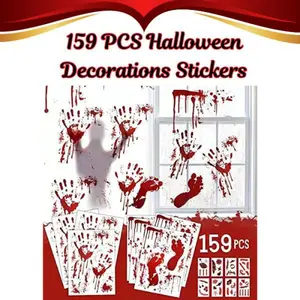 159PCS Halloween Decor Set – Bloody Stickers & Tattoos, Wall/Floor Decals, Perfect for Halloween Party Indoor & Outdoor