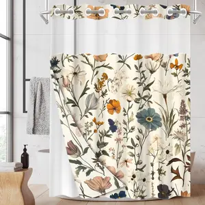 1PC 2D Flat Floral Pattern Double-Layer Woven Shower Curtain (No Hooks), Transparent Top Window, Removable liner with snap-on lining, Modern and Personalized Bathroom Partition Art Decoration, Bathroom Decor, Holiday Decoration, Flower