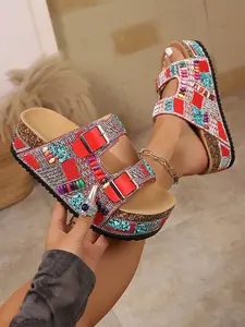 Women's Boho Rhinestone Thick Sole Sandals, Dual Buckle Outdoor Beach Vacation Shoes, Ethnic Style Colorful Beaded Elevator Slippers
