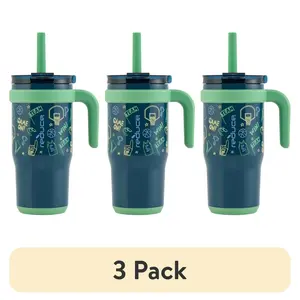 (3 pack) Reduce Coldee Kids Tumbler with Spill-Proof Straw & Handle. Insulated Stainless Steel 18 oz, Game on