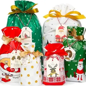 Wrapping Gifts Christmas Drawstring Gift Bags with Tags of Assorted Sizes Bulk Small Medium Large Jumbo Holiday Bags with Colorful Drawstrings for Xmas Party Favors Christmas Presents