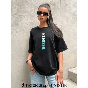 Teal Aqua Washed Tee – Vertical Blessed Graphic, 100% Cotton Comfort