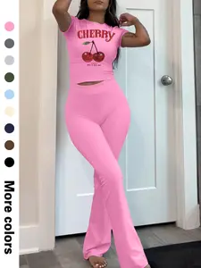 Women's Cherry Print Crop Tee & Plain Flare Leg Pants Two-piece Set, Casual Fashion Cozy Round Neck Short Sleeve T-shirt & Bell Bottom Trousers for Daily Outdoor Wear, Ladies Clothes for Summer, Casual Lounge Set