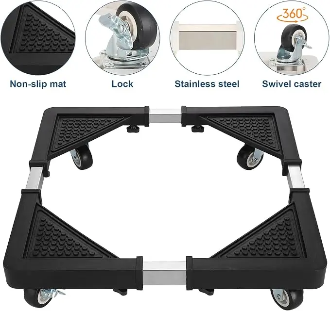 Mini refrigerator stand with 4 locking wheels, adjustable universal wheels for 17.7–25.6 inches, washing machine base stand, suitable for furniture—portable refrigerator and dryer stands