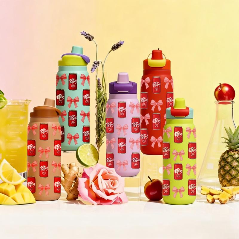 AuraCup 1pc 19/24/32oz Insulated Tumbler with Lid and Straw, Cute Dr Pepper Can and Pink Bow Pattern, Double Wall Leakproof Stainless Steel Water Bottle for Hot & Cold Drinks, TikTok Trending Aesthetic Cup, Perfect Gift for Girls, Teens, Friends, Daughter