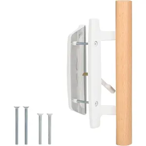 Patio Sliding Door Handles Replacement Set,Mortise Style Reversible Design Non-keyed Sliding Patio Glass Door Handles with Wood Handle,White Diecast Finish Fit 3-15/16" Screws Hole Spacing