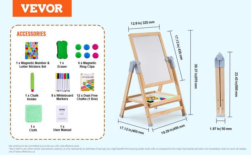 VEVOR 2-in-1 Kids Art Easel Double-Sided Wooden Magnetic Whiteboard Chalkboard，Christmas gift