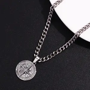 Men's pendant necklace, vintage stainless steel compass necklace with twisted wheat chain, unisex.