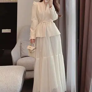H Han Queen Autumn New Skirt Suit Women Elegant Korean Lace-Up Fashion Blazer + Long Mesh Skirt Casual Evening Party 2-Piece Set Elegance Gorgeous Outfit Womenswear Dress Comfort
