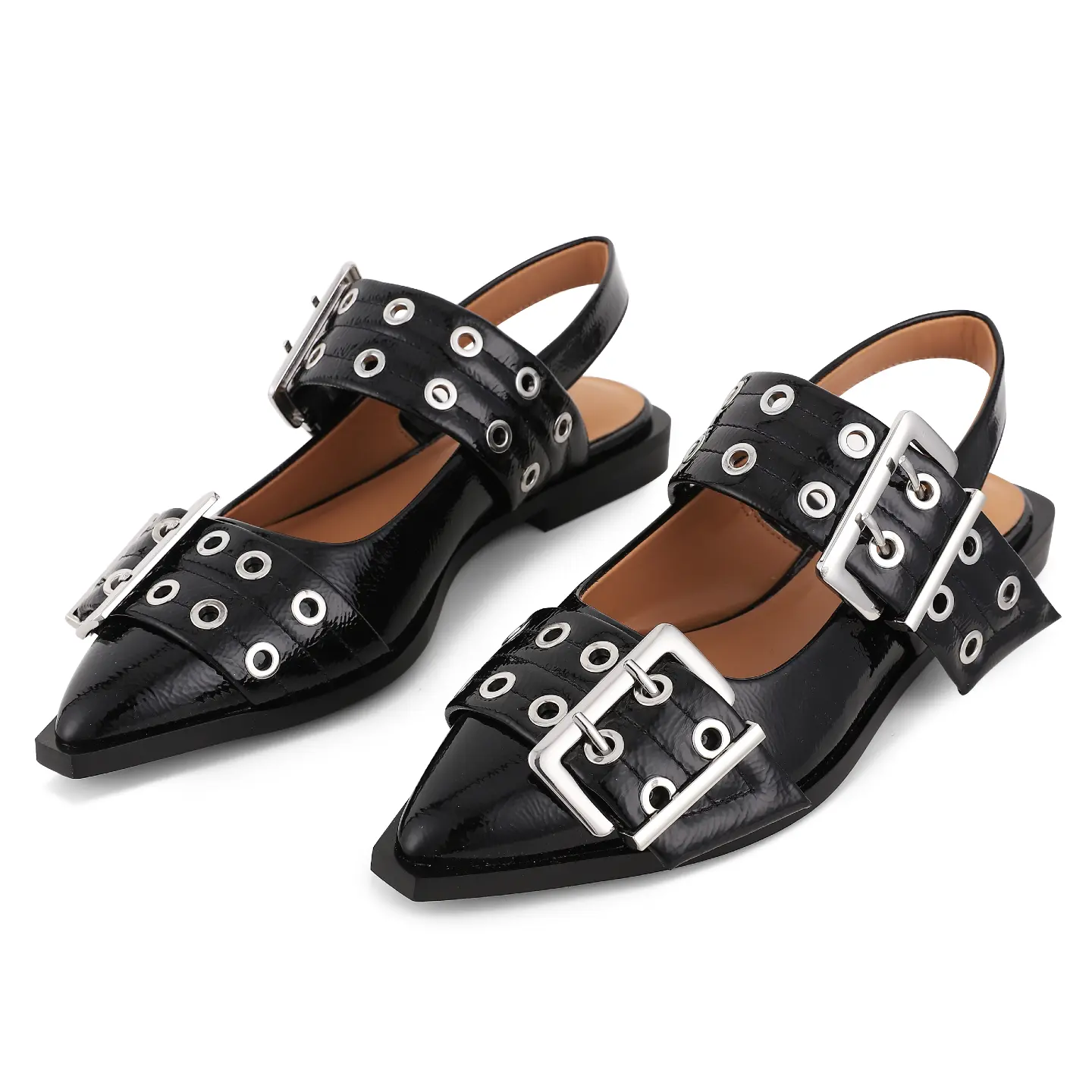 sohochic Women's Elegant Pointed Toe Slingback Flat Footwear - Glossy PU Vegan Leather, Adjustable Double Buckle Ankle Straps with Silver Eyelets, No Heel, Rubber Sole, Minimalist Chic for Business & Casual Use