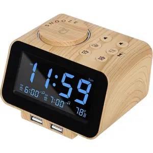 Digital  Clock Radio - 0- Dimmer, Dual  with Weekday/ Mode, 6 Sounds Adjustable Volume, FM Radio w/Sleep Timer, 2 USB  Ports, Thermometer,  Backup( Grain)