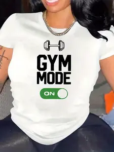 Women's Plus Size White Dumbbell Graphic Workout T-Shirt - Gym & Casual Round Neck Short Sleeve Fitness Top, Machine Washable All-Season Comfortable Gym Shirts for Training, Yoga, Casual Attire - Durable Print Quality