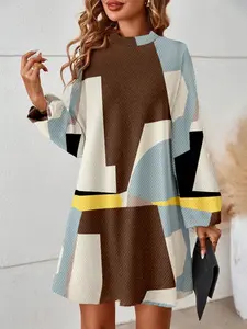 Artistic Geometric Colorblock Long Sleeve Dress, Vintage Light Blue Milk Patchwork, Round Neck Flare Sleeves, Loose Fit A-Line