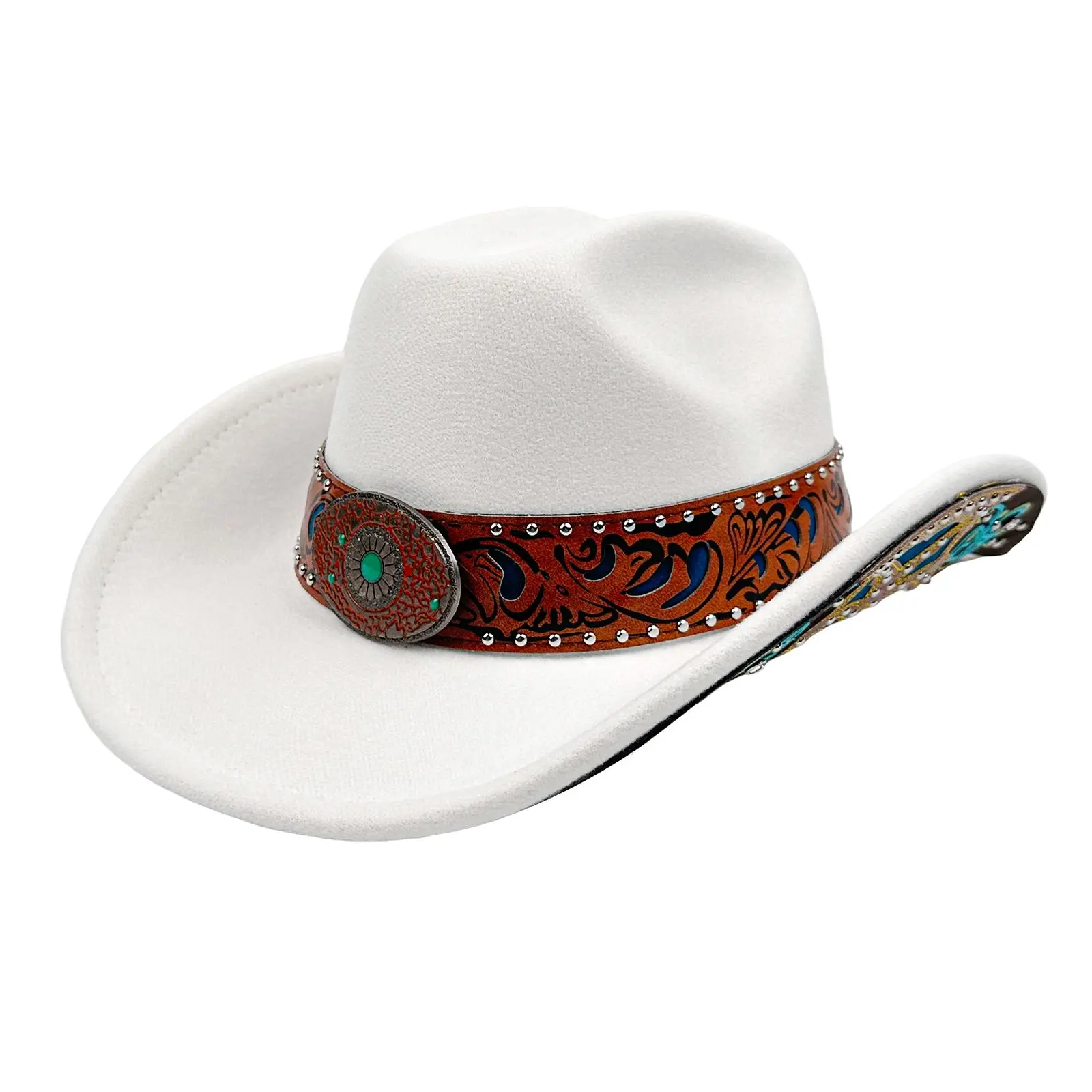 OIDEA Women's Boho Cowboy Hat, Western Wide Brim with Tooled Faux Leather Band & Turquoise Concho for Festivals, Tooled Band, Boho Ethnic