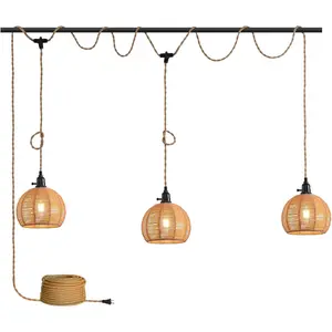 3-Light Hanging Light with Plug in Cord,Plug in Pendant Light 22ft Hemp Rope Pendant Lighting Vintage 3-Light Hanging Lamp Fixtures for Kitchen Island Living Room Bedroom