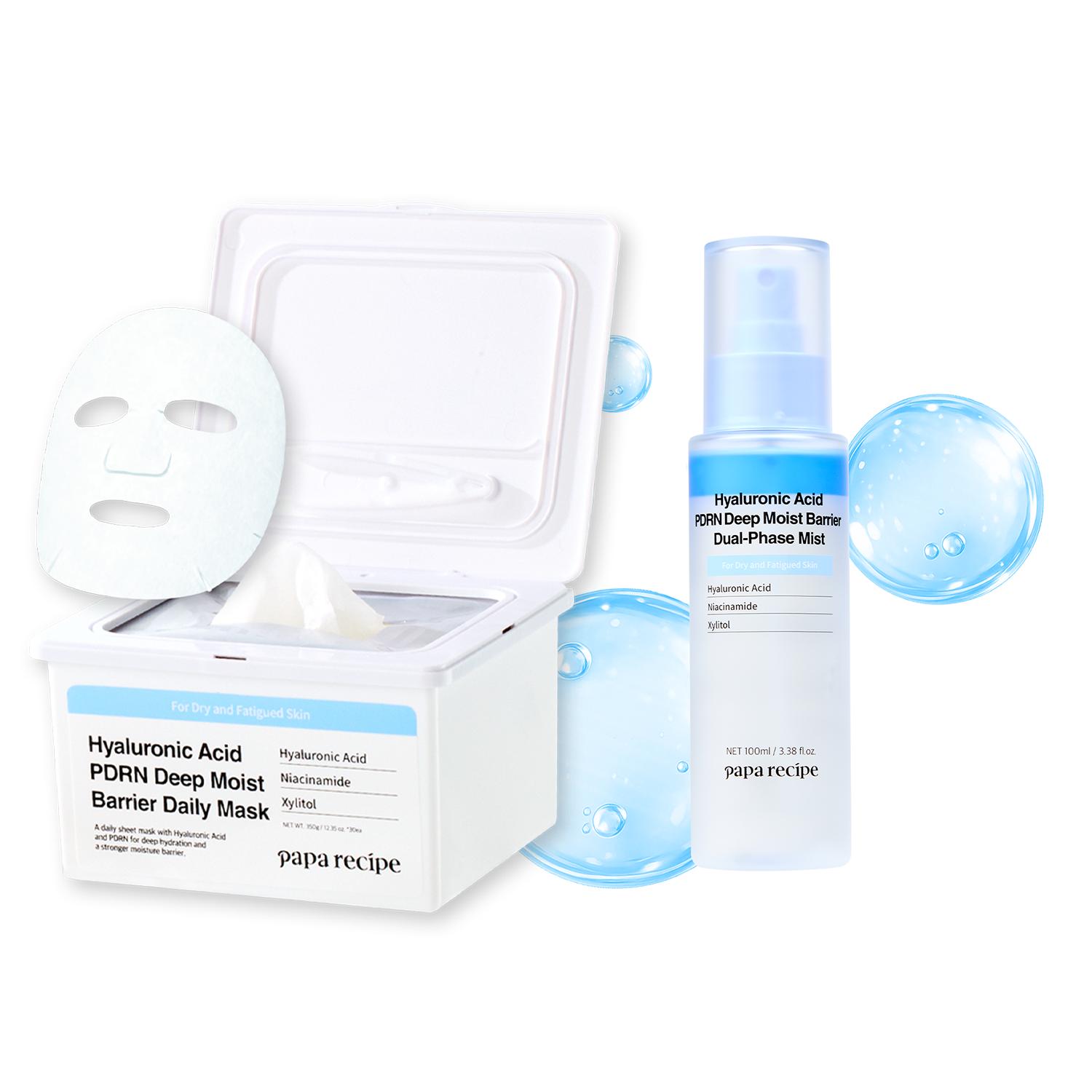 Papa Recipe Hyaluronic Acid PDRN Moisture Duo Set – Dual-Phase Mist & Daily Sheet Mask Bundle, Deep Hydration & Barrier Care, Instant Glow, Lightweight Korean Skincare