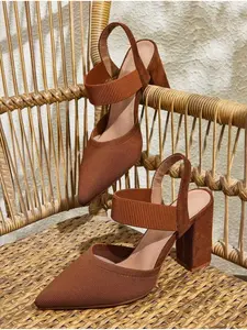 Women's Pointed Toe Chunky Heel Slingback Pumps - Wide Fit, Elastic Strap Comfortable Office Shoes