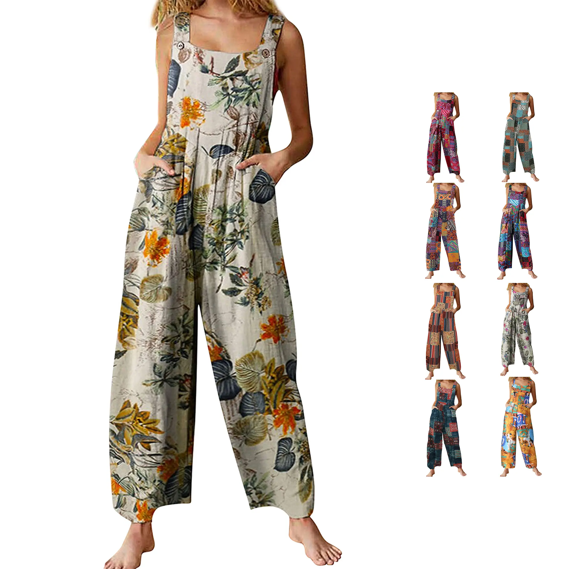 Mundoven Women's Patchwork Dual Pocket Jumpsuit Loose Floral Print Bohemian Wide Leg Bib Overall summerwins