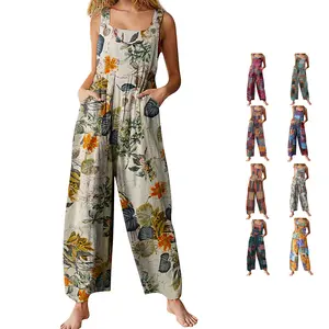 Mundoven Women's Patchwork Dual Pocket Jumpsuit Loose Floral Print Bohemian Wide Leg Bib Overall