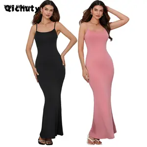 Women's solid color adjustable shoulder strap suspender dress sleeveless spaghetti strap tight long dress summer dress to show your figure
