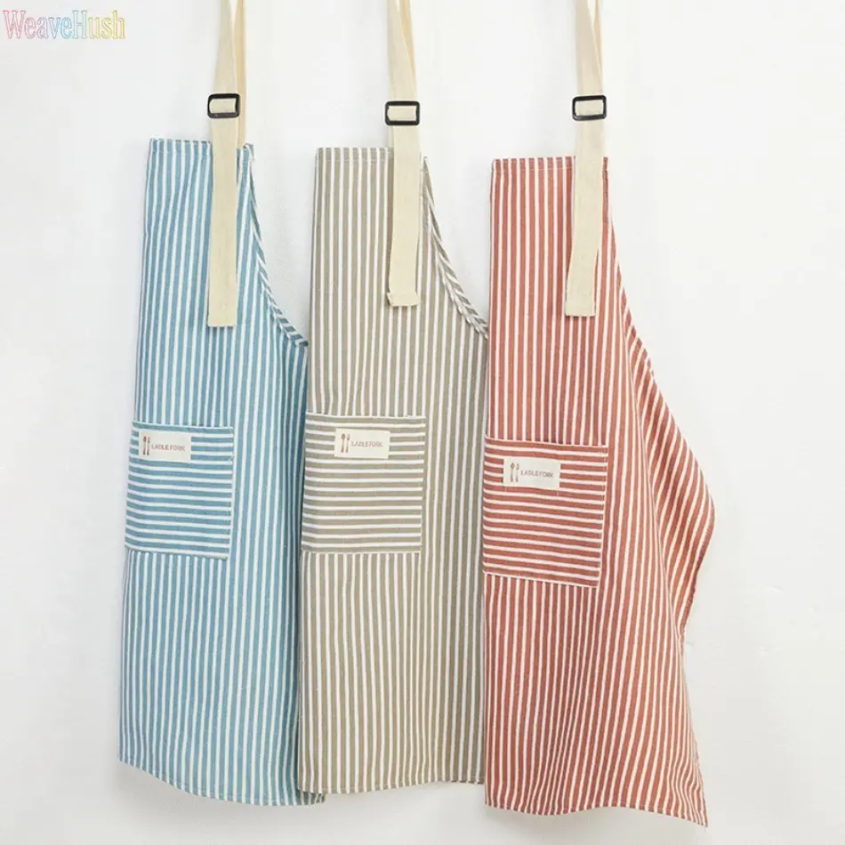 Unisex Cyan Blue Linen Bib Apron, Breathable Cotton-Linen with Cross-Back Straps, Waterproof-Oilproof Non-Woven for Cooking Baking, Indoor Recreation Leisure Use, Oil-Proof, Stripes