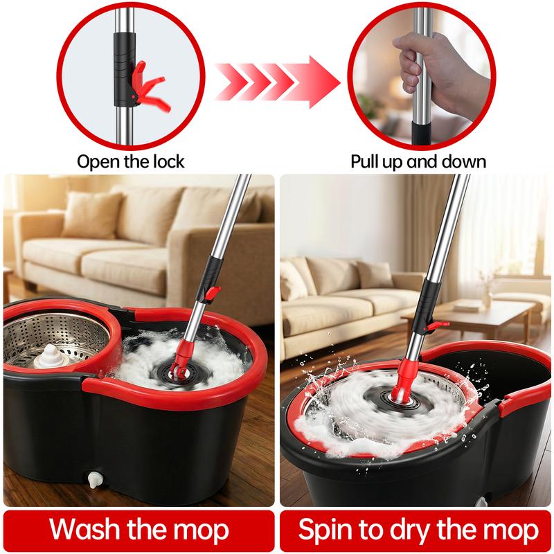 new Stainless steel rotating mop set, including 3 replacement mop heads and an extendable handle, for convenient cleaning, featuring a rotating design. Black and red two-tone mop bucket set. Rotating mop bucket set. commercial mop new Stainless steel rotating mop set, including 3 replacement mop heads and an extendable handle, for convenient cleaning, featuring a rotating design. Black and red two-tone mop bucket set. Rotating mop bucket set. commercial mop