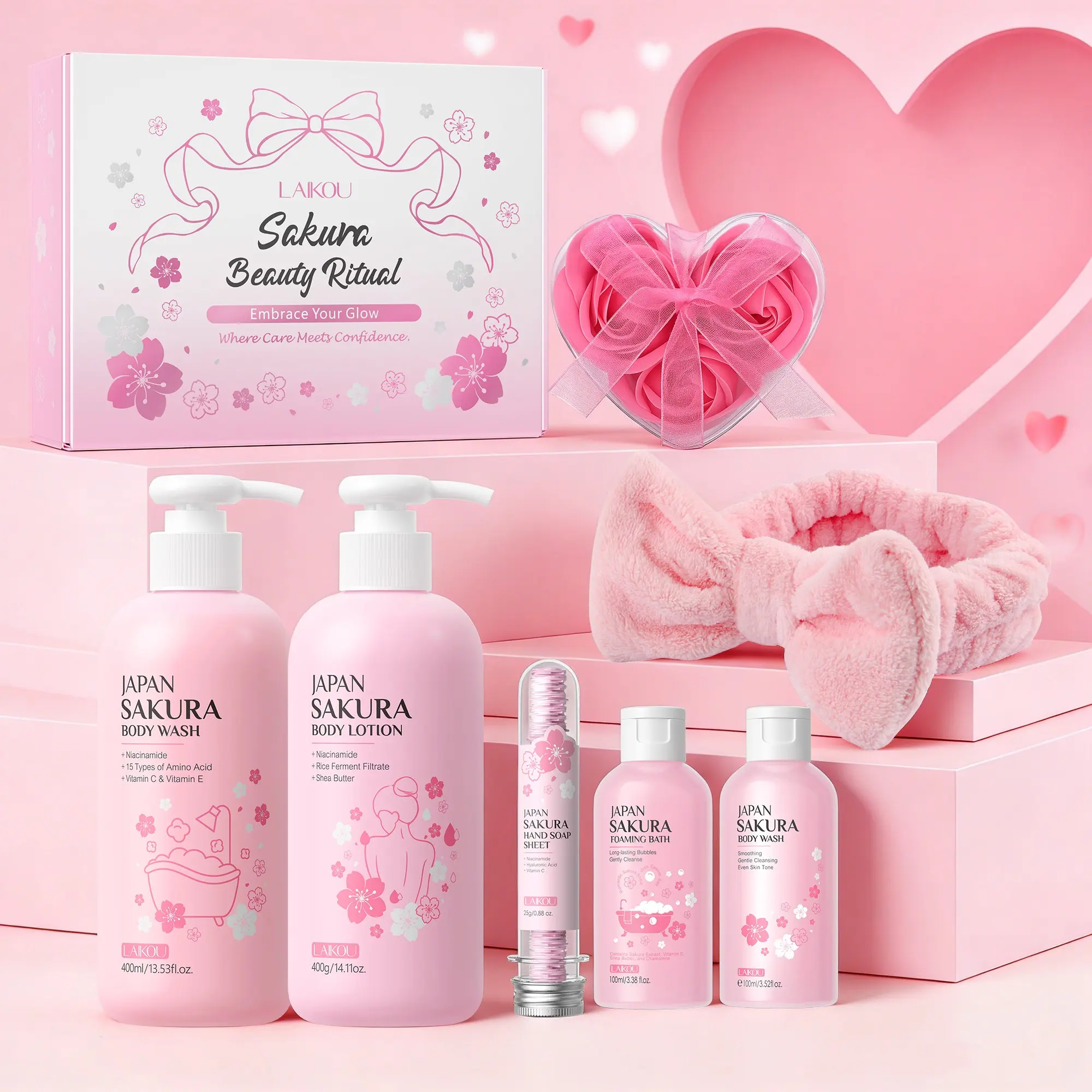 Laikou Sakura Body Care Set, Bodycare Package Set, Body Wash Set, Valentine's Day Gift Set, Unisex Body for Daily Cleansing and Moisturizing, Body Beauty Set, Body Care Bundle