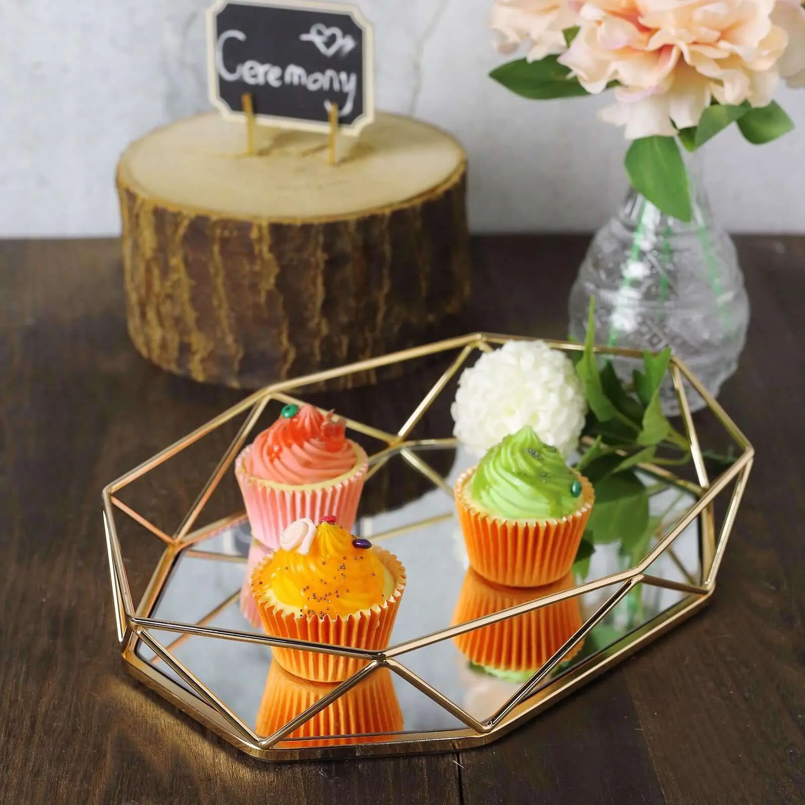 14"x9" Gold Metal Octagon Serving Plates Tray, Mirrored Top, Sleek Decorative Vanity Centerpiece Tray