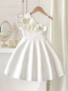 Girls Sleeveless Asymmetrical Shoulder Princess Ruffle Trim Dress with 3D Flower Pearl Decor, Cute Casual Formal Party Dress for Everyday Wear Floral Dress